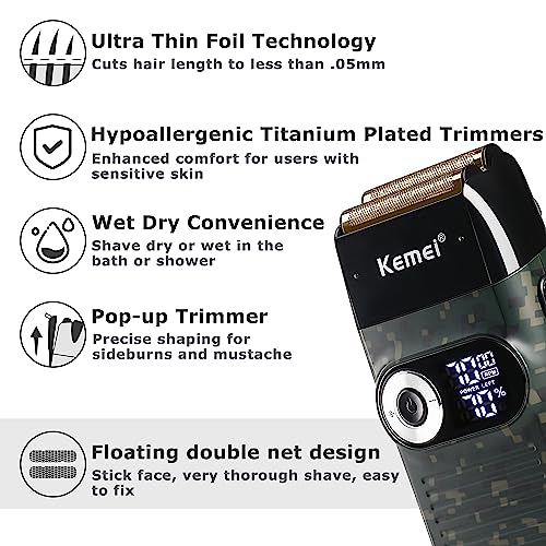 Kemei Foil Professional Electric Shaver for Men Razor with Bald Trimmer Cordless Shavers Rechargeble LED Display 2 in 1