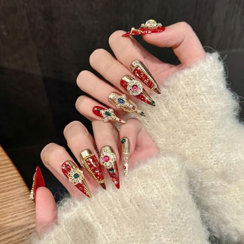 Imperial Bridal Press On Nails Long Stiletto,Phoenix Vermeil Ruby Filigree Designs Glue on Nails,Heirloom Cameo False Nails 10Pcs with Tools Kit,Reusable Wedding Fake Nails for Bride Matron(L)