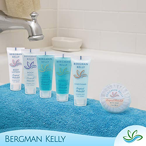 BERGMAN KELLY Round Hotel Soap Bars, Shampoo & Conditioner 3-Piece Set (1 oz each, 150 pc total, Tropical Waterfall), Delight Your Guests with Refreshing Bulk Travel Size Hotel Toiletries