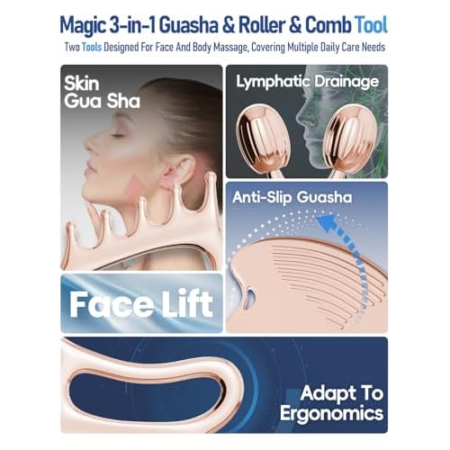 Gua Sha Facial Tools, 3-in-1 Gua Sha & Roller & Comb Set, Upgraded No-Slip Textured Guasha, Metal Lymphatic Drainage Massager for Skin Tightening & Face Sculpting, Skincare Gift for Women (Rose Gold)