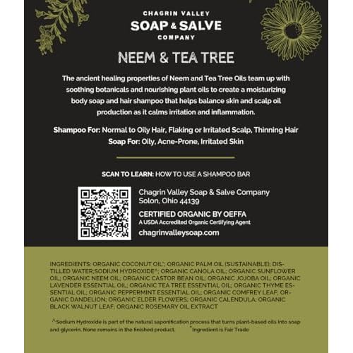 Chagrin Valley Soap & Salve Neem & Tea Tree Organic Soap & Shampoo Bar ? Soothe Dry, Itchy, Irritated Skin - Sulfate Free - For Body & Hair Vegan Shampoo Natural, Large 5.6 oz Bar - 3PK