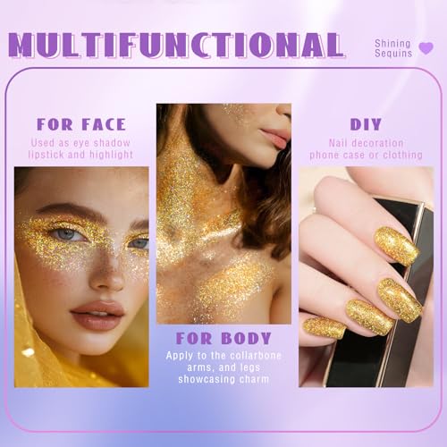 Roll-on Holographic Body Glitter Gel for Face Hair, Chameleon Color Changing Glitter Gel Under Light, Chunky Mermaid Sequins Festival Party Rave Accessories Shimmer Makeup (Gold)