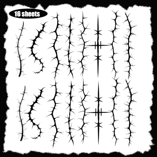 16 Sheets Black Stitch Scar Face Tattoos, Fake Stitch Scab Body Face Waterproof Temporary Tattoo Stickers for Halloween Masquerade Makeup Supplies