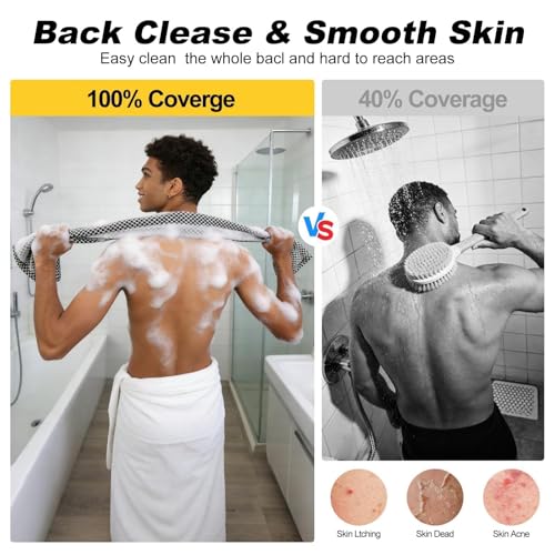 Blissal 2-in-1 Exfoliating Shower Towel,47" Advanced Exfoliating Microfiber Towel, Premium Scrub Wash Cloth for Body Face,Travel Friendly, Quick Drying Travel Bath Washcloth (Black+Pink)