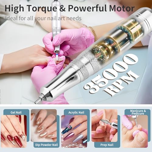 Electric Nail Drill File, Professional Portable Nails Drills Kit with Rechargeable Base 7 u?as Bits, Cordless Efile for Poly Gel Acrylic Nails Remover Home Salon Pedicure Manicure Tool, White