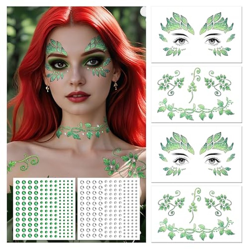 Cerlaza Halloween Decorations, Leaf Face Paint Temporary Tattoos+Green White Face Gems Jewels, Glitter Leaf Halloween Makeup Kit Costumes Rave Party Favors, Festival Cosplay Outfits Accessories