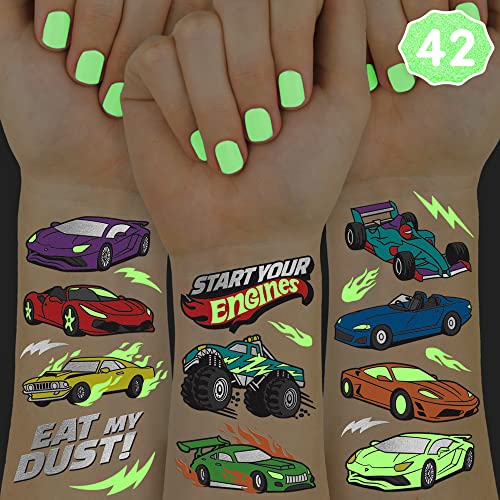 xo, Fetti Cars Glow in Dark Temporary Tattoos - 42 pcs | Monster Truck Birthday Party Supplies, Race Car Favors Decorations