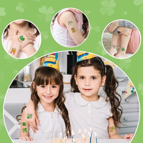 Partywind Glitter St Patrick's Day Tattoos for Decorations, Saint Patrick's Day Accessories for Kids Party Supplies, Irish Shamrock Tattoo Stickers for Green Day Party