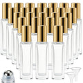 25 Pcs 10 ml Roller Bottles for Essential Oils, Square Thick Empty Glass Roller Bottles with Stainless Steel Roller Balls Protection Leakproof with 2 Funnel for Travel, Gold