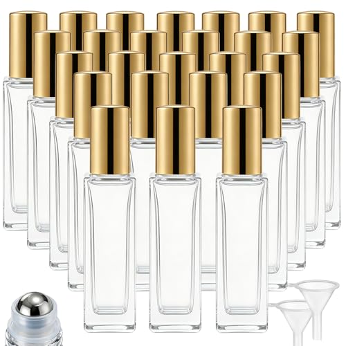 25 Pcs 10 ml Roller Bottles for Essential Oils, Square Thick Empty Glass Roller Bottles with Stainless Steel Roller Balls Protection Leakproof with 2 Funnel for Travel, Gold