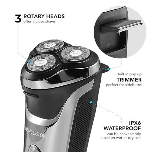 Members Only Electric Razor for Men, Lithium Metallic Cordless 3 Heads Rotary Shaver, Precision Trimming, Close Shave with Built-in Pop-up Trimmer, IPX6 Waterproof, USB Rechargeable Battery