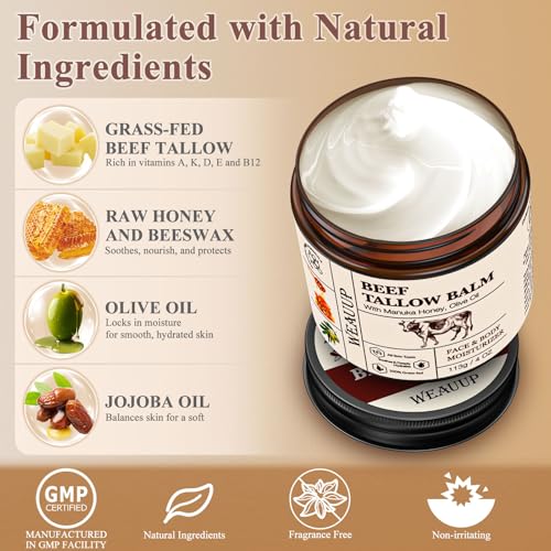 Beef Tallow for Skin, Organic Grass Fed Whipped Beef Tallow Balm, Tallow and Honey Balm with Raw Honey and Beeswax, Nourishing Moisturizer for Face & Body Natural Skin Care for Soft