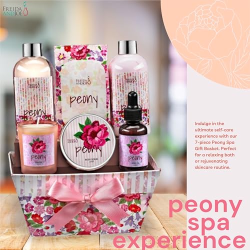 Bath and Body Gift Set for Women with Shower Gel, Body Lotion, Body Scrub, Body Oil, Bath Salt, and Scented Candle ? Perfect Spa Gift (Peony Floral) ? Mother's Day Gift for Mom