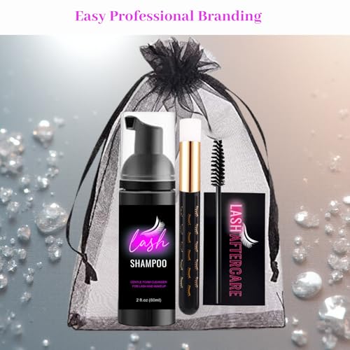 60 Pcs Lash Shampoo Bottle Brushes Kit 10 Empty Foam Pump Dispensers 10 Bath Label Stickers & Care Cards 10 Mascara Wands 10 Cleansing Brush 10 Bag for Eyelash Extensions Aftercare Branding (Black)