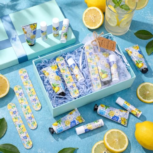 Leelosp 50 Sets Capri Lemon Hand Cream and Lip Balm Nail File Gift Bulk Summer Lemon Party Favors Wedding Favor for Guest Travel Size Hand Lotion Lip Balm Gifts Set Bridal Baby Shower Birthday