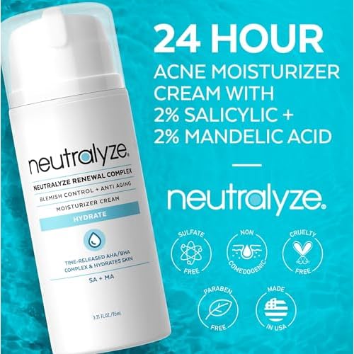 Neutralyze Renewal Complex Acne Moisturizer for Face - Maximum Strength, Time Released 2% Mandelic Acid & 2% Salicylic Acid Acne Treatment Cream - Suitable for All Skin Types, Teens & Adults