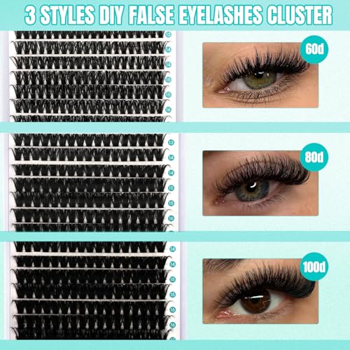 GEMERRY Lash Clusters DIY Lash Extension Kit 60D+80D+100D D Curvature Individual Lashes Eyelash Extension Kit 280 pcs Thin Band Cluster Lash Bond and Seal Tweezers with Lash Remover