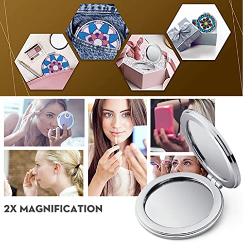 Small Compact Mirror Portable Folding Double Sided with 2X Magnification - Handheld Pocket Travel Makeup Mirrors - Mixed Embossed Designs - Gift for Girls Women Pack of 6