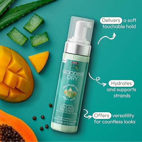 ORS Olive Oil Goodbye Dry Hydrafoam Styling Mousse with Aloe, Mango & Papaya, Hydration & Nourishing for all Hair Types and Textures 7 Ounces