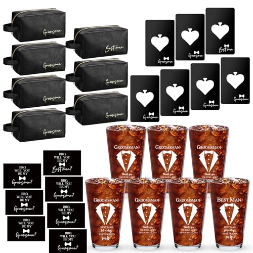 Amylove 7 Sets Groomsmen Gifts Set Wedding Proposal Gift 16 oz Beer Glass Cup Toiletry Bag and Bottle Opener Cap for Best Man PU Leather Cosmetic Bags with Zipper Greeting Card for Wedding(Black)