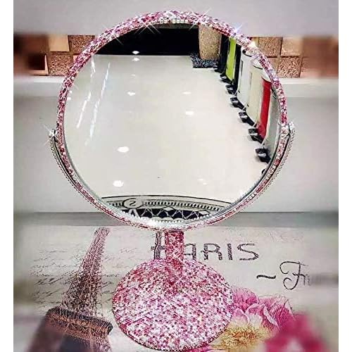 Bling Rhinestone Portable Magnified Double Sided Swivel Makeup Vanity Mirror, 360¡ÆRotate Makeup Mirror Round Shaped Two-Sided Makeup Mirror (Pink)