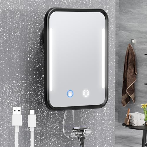 Gospire Heated Shower Mirror Fogless for Shaving with Light, Rechargeable Battery and Adjustable Brightness, Suction Cup and Razor Holder, Removable & NO-Drilling, Waterproof for Bathroom (Black)