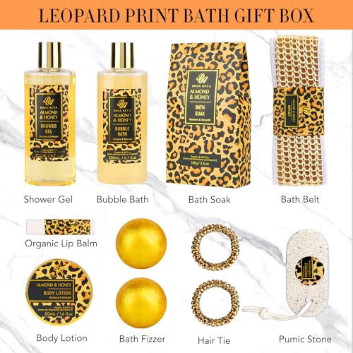 Valentines Day Gifts for Women, 20 Pcs XXL Leopard Bath and Body Gift, Skin Care Set, Self Care Gifts Set, Mother's Day, Birthday, Home Spa Kit, Holiday, Christmas, Shower Cap, Manicure Set