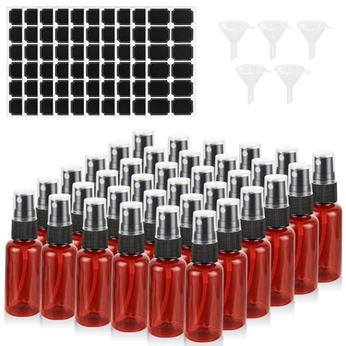 60PCS 1 oz Amber Spray Bottles for Essential Oils Small Plastic Spray Bottle with Funnel & Stickers Refillable 1oz Empty Mini Mister Spray Bottle for Travel Cleaning Beauty