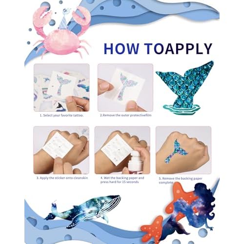 SUNAI Mermaid Party Favors - 100 Style Pre-Cut Mermaid Temporary Tattoos(2x2 Inch) Perfect for Under The Sea Themed Birthday Party Decorations, Supplies, Goodie Bag Fillers