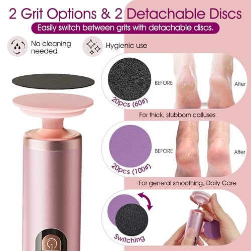 Electric Foot Callus Remover Rechargeable, Professional Pedicure Tools for Feet with 40PCS Sandpaper Discs, Adjustable Speed Heel Scraper for Cracked Heels, Foot Care Scrubber File for Dry Dead Skin