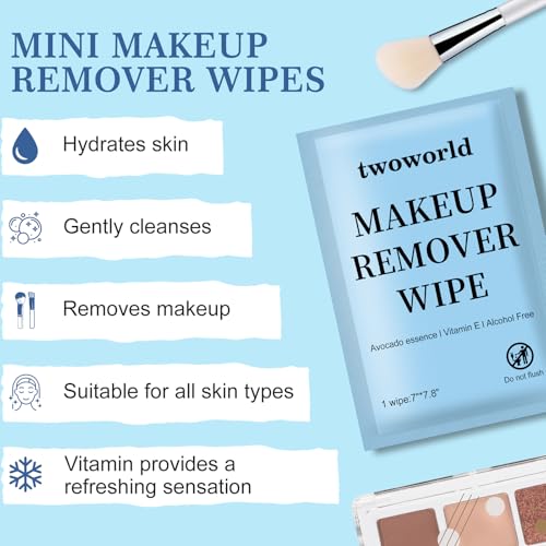Twoworld Makeup Remover Wipes Bulk Individually Wrapped,Travel Makeup Wipes Gentle for Face Cleansing Mascara Lipstick Travel Hotel(Cucumber,Pack of 50)