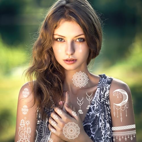 6 Sheets Henna Tattoos Temporary Stickers Waterproof Sexy Women Body White Party Masquerade Halloween Night Fluorescence Lotus DIY Face Arms Legs Art Decoration