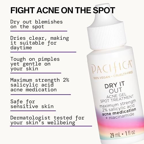 Pacifica Acne Spot Treatment & Pimple Cream ? Dry It Out Gel with 2% Salicylic Acid, Witch Hazel, Niacinamide ? Dries Blemishes Overnight, Fights Breakouts & Redness, For Teens & Adults, Vegan Clean