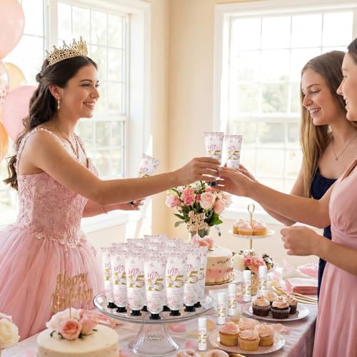 Leelosp 100 Pcs/50 Sets Quinceanera Party Favor Gifts for Guests 15th Thank You Gifts Girl Pink Hand Cream and Lip Balm Sweet 15th Birthday Party Favors for Guests