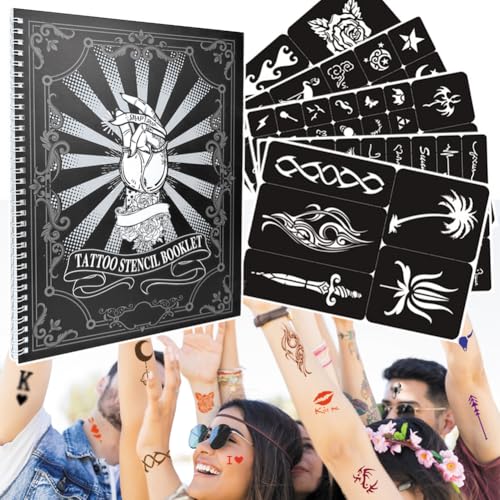 20 Sheets Glitter Tattoo Kit, 467 Pcs Henna Tattoo Stencils Airbrush Temporary Tattoos Templates for Girls and Boys Body Art, Suitable as Gift for Family/Friends (Black)
