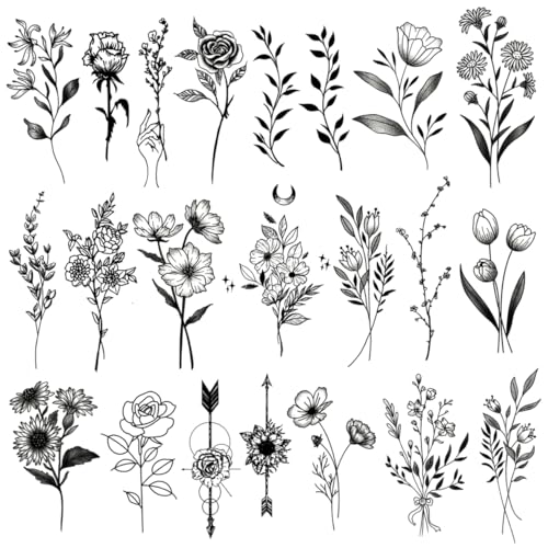One Grace Medium Black Flower Temporary Tattoos - Realistic Long Lasting Waterproof Tattoos - Floral Bouquet Wild Plants and Branch Tattoos for Women and Men