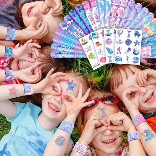 72 PCS Mermaid Party Favors - 48 Temporary Pre-Cut Tattoos & 24 Slap Bracelets - Party Favors for Boys & Girls, Birthday Goodie Bag Fillers, Baby Shower Gifts, Classroom Rewards