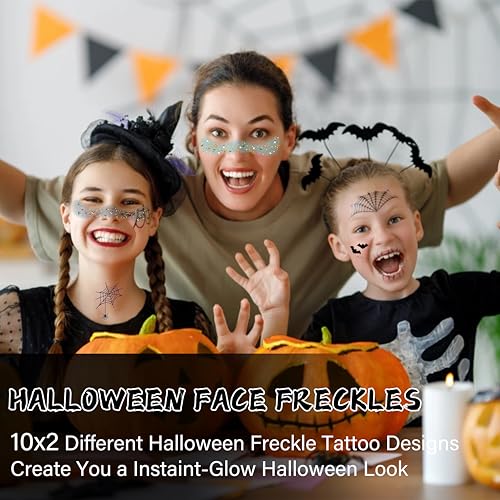 20 Pcs Halloween Face Gems Glitter Freckles Tattoos - Waterproof Face Jewels with Pumpkin Ghost Designs - Sparkling Face Makeup Stickers for Women, Kids, Party & Rave Supplies