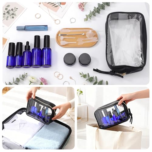 Segbeauty 8pcs Blue Travel Essentials Toilet Bottles Skincare Containers Set with Bag, Refillable Travel Size Containers Pump Bottle Cream Jar, Empty Glass Perfume Spray Bottles, Oils Dropper Bottle