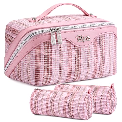 BOYATU Travel Makeup Bag for Women: Large Capacity Open Flat Make up Bag Set of 3 - Vegan Leather Cosmetic Bag with Compartments - Waterproof Toiletry Bag with Handle & Divider(I-1-Pink)