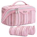 BOYATU Travel Makeup Bag for Women: Large Capacity Open Flat Make up Bag Set of 3 - Vegan Leather Cosmetic Bag with Compartments - Waterproof Toiletry Bag with Handle & Divider(I-1-Pink)