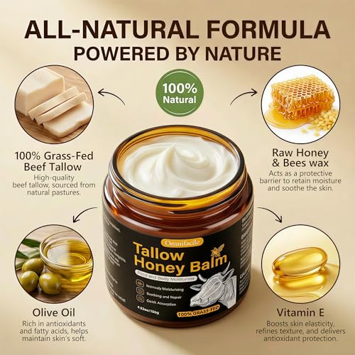 Beef Tallow Honey Balm for Skin,Face,Body - Handmade Whipped Cream Face Moisturizer with 100% Grass-Fed Beef Tallow & Raw Honey,Narural Organic Body lotion for Men&Women,Unscented,4.23OZ