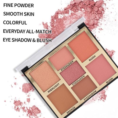 Full Face Makeup Palette, 4 in 1 Small Nude Nake Makeup Palet with Highlight, Bronze, 3 Colors Eyeshdow, 2 Color Blush, Double Side Brush, Fine Silky Powder