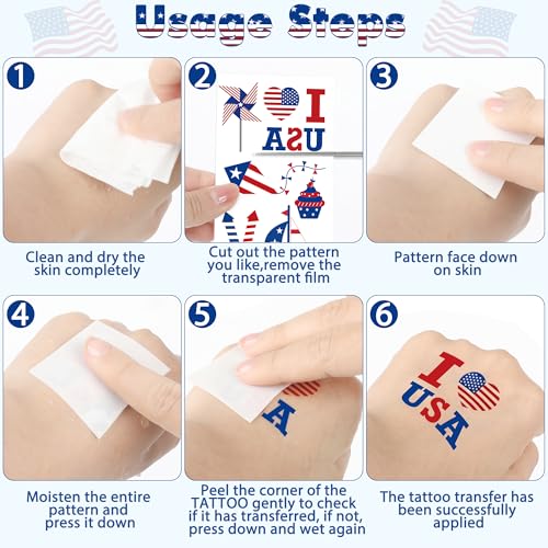 106 PCS 4th of July Tattoos, Fourth of July Tattoos for Kids, Patriotic Temporary Stickers, American Flag Red White Blue Decor for Independence Day Accessories Decoration Supplies Favors