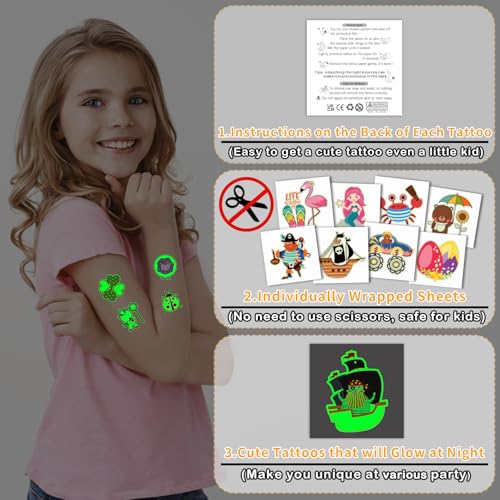 Partywind 204 Styles Luminous Kids Temporary Tattoos, Glow Party Supplies Favors for Kids Goodie Bag Stuffers, Fun Birthday Party Decorations for Boys Girls Games (Individually Wrapped Cut)