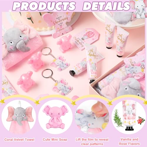 168 Pcs Pink Elephant Baby Shower Favors Baby Shower Gifts Bulk Hand Cream Towels Soaps Keychains Organza Bags Guest Appreciation Gift with Thank You Tags and Cards for Boys Girls Guest