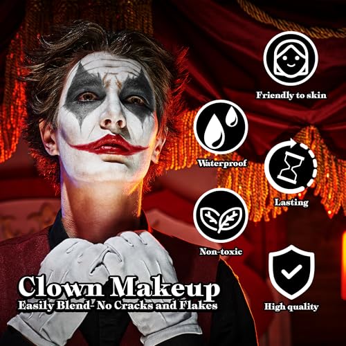 VANERIA Clown Makeup Halloween, Black White Red Cream Face Body Paint for Halloween, SFX Makeup Set with Vampire Teeth & Fake Blood, Clown Art Theater With Brushes