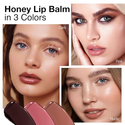 Honey Tinted Lip Balm Lipstick Set of 3, Nude + Pink + Black, Sheer Hydrating & Lightly Tinted Lip Color, Moisturizing Nourishing Lip Balm with Natural Black Cherry Tint, For All Skin Tones