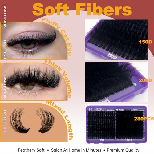 Volume Lash CLusters 12-25mm Long Cat Eye D Curl 280PCS Cluster Eyelash Extensions 150D+200D Thick DIY Lash Extesnion