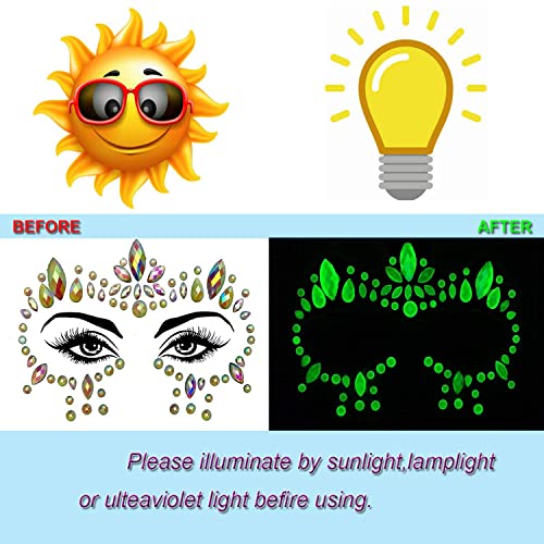 2 Pack Halloween Glow in the Dark Face Jewels Crystal Glitter Stickers, Luminous Tattoo Day of the Dead Gems Jewels Tattoos